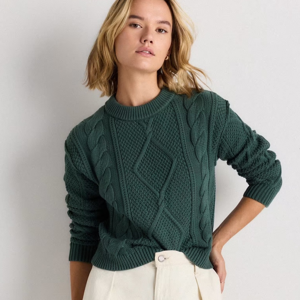 Quince Cotton Cropped Cable Crew Sweater